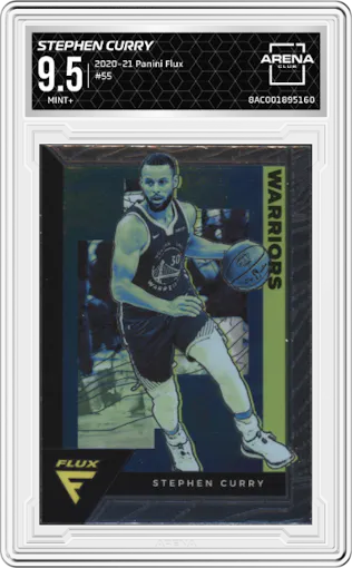 Stephen Curry from the 2020-21 Panini Flux set graded by Arena Club and given an overall grade of 9.5.