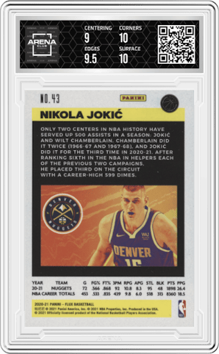 Nikola Jokic from the 2020-21 Panini Flux set graded by Arena Club and given an overall grade of 9.5.