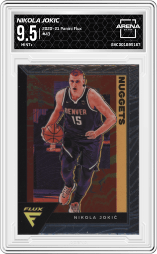 Nikola Jokic from the 2020-21 Panini Flux set graded by Arena Club and given an overall grade of 9.5.
