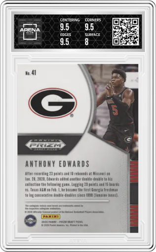 Anthony Edwards from the 2020-21 Panini Prizm Draft Picks set graded by Arena Club and given an overall grade of 8.5.