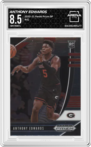 Anthony Edwards from the 2020-21 Panini Prizm Draft Picks set graded by Arena Club and given an overall grade of 8.5.