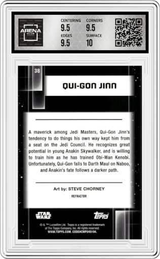 Qui-Gon Jinn from the 2021 Topps Chrome Star Wars Galaxy set featuring a Refractor parallel graded by Arena Club and given an overall grade of 10.