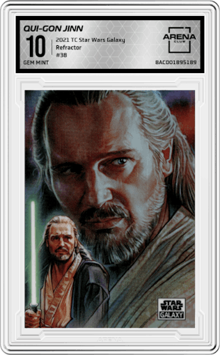 Qui-Gon Jinn from the 2021 Topps Chrome Star Wars Galaxy set featuring a Refractor parallel graded by Arena Club and given an overall grade of 10.