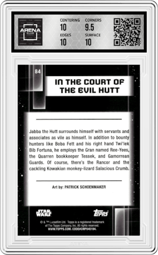 In the Court of the Evil Hutt from the 2021 Topps Chrome Star Wars Galaxy set graded by Arena Club and given an overall grade of 10.