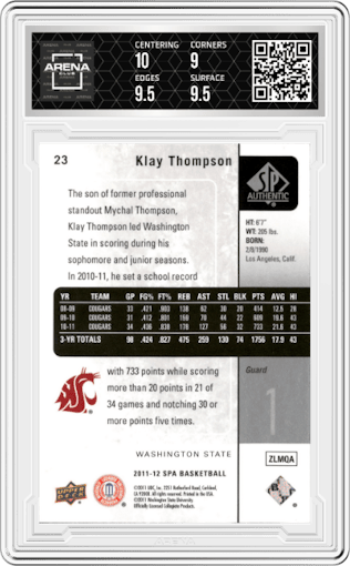 Klay Thompson from the 2011-12 SP Authentic set graded by Arena Club and given an overall grade of 9.5.
