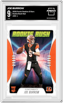 Joe Burrow from the 2020 Panini Rookies & Stars set featuring a Red parallel graded by Arena Club and given an overall grade of 9.