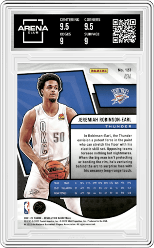 Jeremiah Robinson-Earl from the 2021-22 Panini Revolution  set featuring a Asia Red parallel graded by Arena Club and given an overall grade of 9.5.