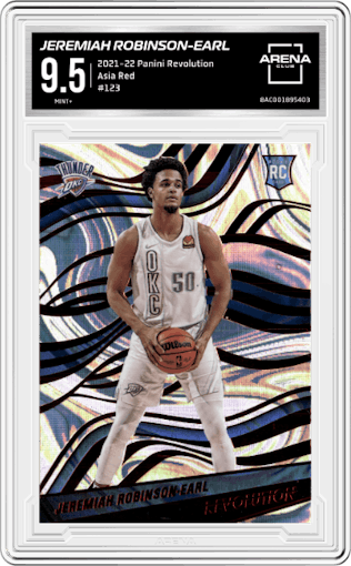 Jeremiah Robinson-Earl from the 2021-22 Panini Revolution  set featuring a Asia Red parallel graded by Arena Club and given an overall grade of 9.5.