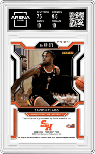 Savion Flagg from the 2022-23 Panini Prizm Draft Picks set featuring a Blue Prizm parallel graded by Arena Club and given an overall grade of 8.