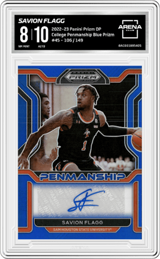 Savion Flagg from the 2022-23 Panini Prizm Draft Picks set featuring a Blue Prizm parallel graded by Arena Club and given an overall grade of 8.