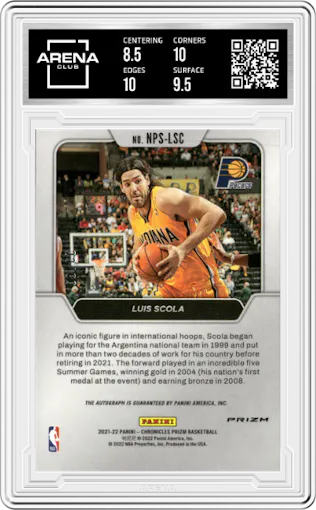Luis Scola from the 2021-22 Panini Chronicles set featuring a Silver parallel graded by Arena Club and given an overall grade of 9.