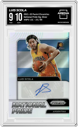 Luis Scola from the 2021-22 Panini Chronicles set featuring a Silver parallel graded by Arena Club and given an overall grade of 9.