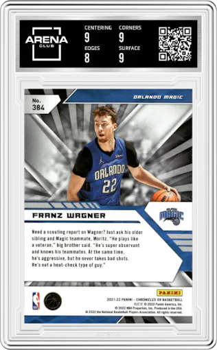 Franz Wagner from the 2021-22 Panini Chronicles set graded by Arena Club and given an overall grade of 8.5.