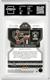 Kessler Edwards from the 2021-22 Panini Prizm  set featuring a Red Prizm parallel graded by Arena Club and given an overall grade of 8.5.