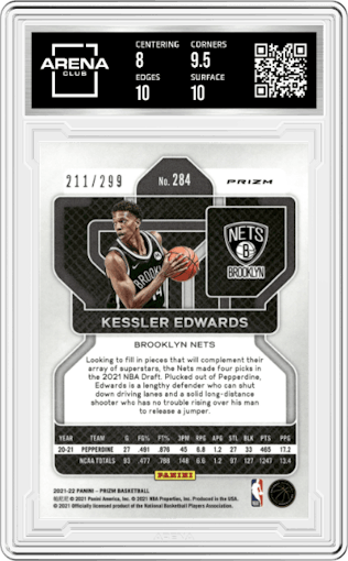 Kessler Edwards from the 2021-22 Panini Prizm  set featuring a Red Prizm parallel graded by Arena Club and given an overall grade of 8.5.