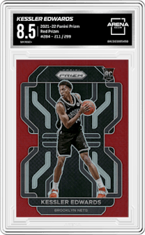 Kessler Edwards from the 2021-22 Panini Prizm  set featuring a Red Prizm parallel graded by Arena Club and given an overall grade of 8.5.