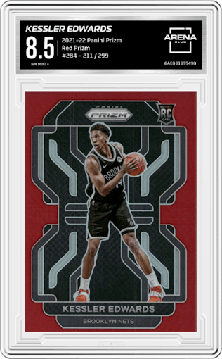 Kessler Edwards from the 2021-22 Panini Prizm  set featuring a Red Prizm parallel graded by Arena Club and given an overall grade of 8.5.