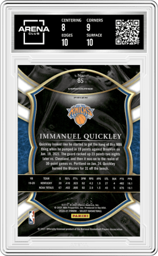 Immanuel Quickley from the 2020-21 Panini Select  set featuring a Light Blue Prizm parallel graded by Arena Club and given an overall grade of 8.5.