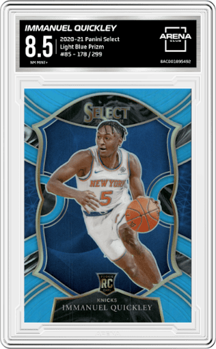 Immanuel Quickley from the 2020-21 Panini Select  set featuring a Light Blue Prizm parallel graded by Arena Club and given an overall grade of 8.5.