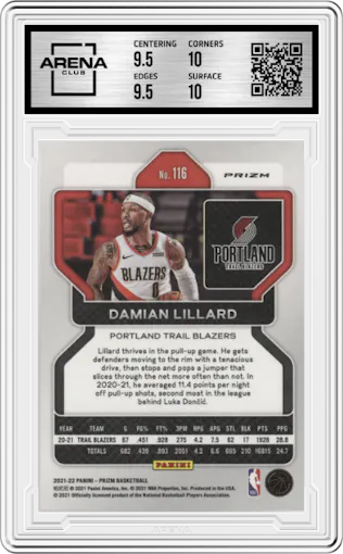 Damian Lillard from the 2021-22 Panini Prizm  set featuring a Hyper Prizm parallel graded by Arena Club and given an overall grade of 10.