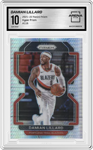 Damian Lillard from the 2021-22 Panini Prizm  set featuring a Hyper Prizm parallel graded by Arena Club and given an overall grade of 10.