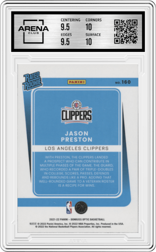Jason Preston from the 2021-22 Panini Donruss Optic set graded by Arena Club and given an overall grade of 10.