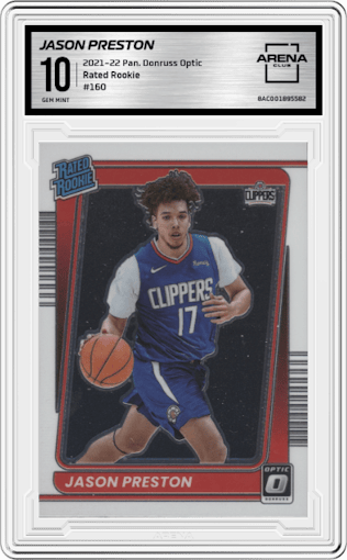 Jason Preston from the 2021-22 Panini Donruss Optic set graded by Arena Club and given an overall grade of 10.