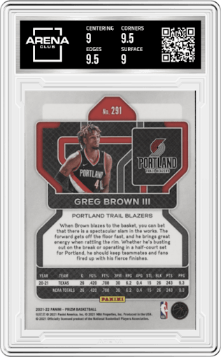 Greg Brown III from the 2021-22 Panini Prizm  set graded by Arena Club and given an overall grade of 9.5.