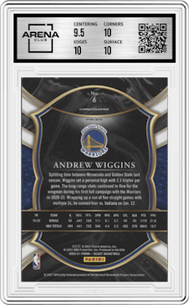Andrew Wiggins from the 2020-21 Panini Select  set featuring a Silver Prizm parallel graded by Arena Club and given an overall grade of 10.