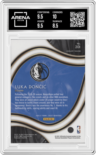 Luka Doncic from the 2020-21 Panini Select  set graded by Arena Club and given an overall grade of 9.