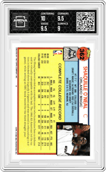 Shaquille O'Neal from the 1992-93 Topps set graded by Arena Club and given an overall grade of 9.5.