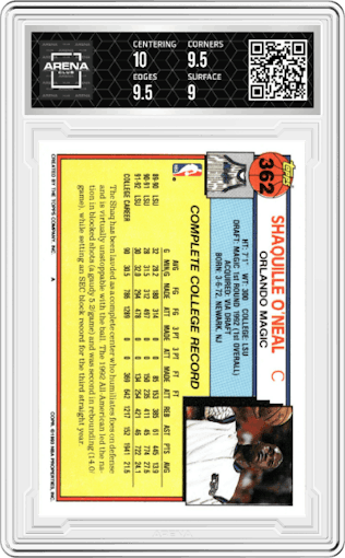 Shaquille O'Neal from the 1992-93 Topps set graded by Arena Club and given an overall grade of 9.5.