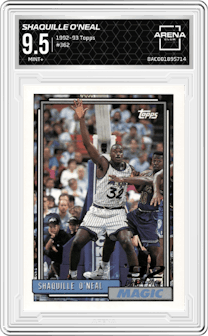 Shaquille O'Neal from the 1992-93 Topps set graded by Arena Club and given an overall grade of 9.5.