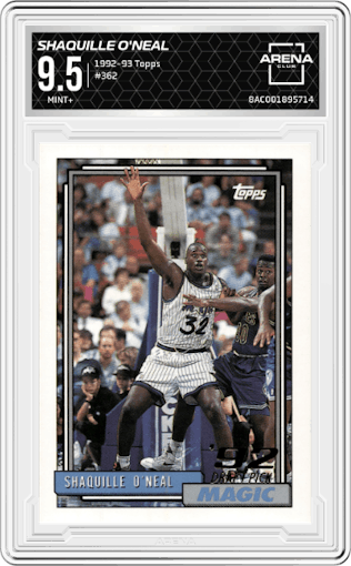 Shaquille O'Neal from the 1992-93 Topps set graded by Arena Club and given an overall grade of 9.5.