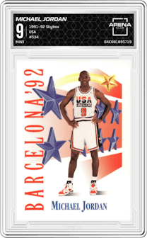 Michael Jordan from the 1991-92 Skybox set graded by Arena Club and given an overall grade of 9.