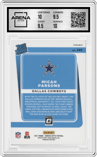 Micah Parsons from the 2021 Panini Donruss Optic set featuring a Holo parallel graded by Arena Club and given an overall grade of 10.
