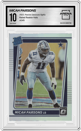 Micah Parsons from the 2021 Panini Donruss Optic set featuring a Holo parallel graded by Arena Club and given an overall grade of 10.