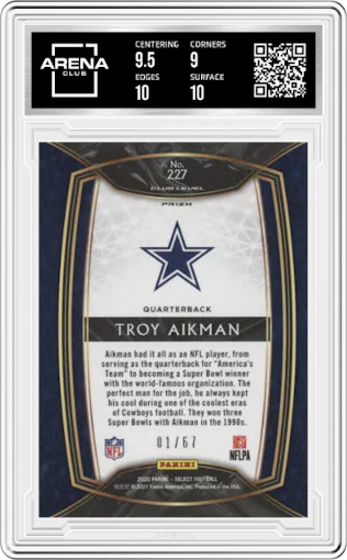 Troy Aikman from the 2020 Panini Select set featuring a Dragon Scale Prizm parallel graded by Arena Club and given an overall grade of 9.5.