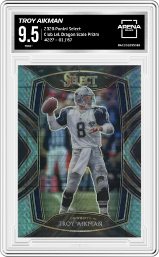 Troy Aikman from the 2020 Panini Select set featuring a Dragon Scale Prizm parallel graded by Arena Club and given an overall grade of 9.5.