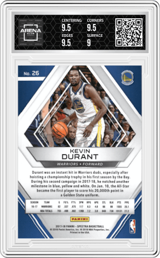 Kevin Durant from the 2017-18 Panini Spectra Basketball set graded by Arena Club and given an overall grade of 9.5.