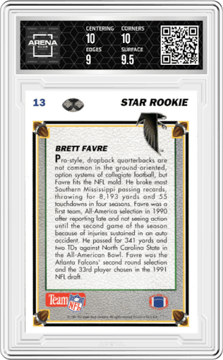 Brett Favre from the 1991 Upper Deck set graded by Arena Club and given an overall grade of 9.5.