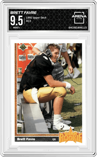 Brett Favre from the 1991 Upper Deck set graded by Arena Club and given an overall grade of 9.5.