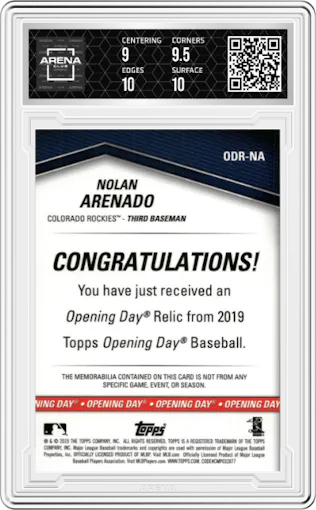 Nolan Arenado from the 2019 Topps Opening Day set graded by Arena Club and given an overall grade of 9.5.