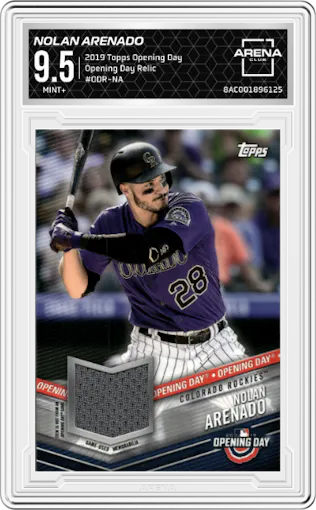 Nolan Arenado from the 2019 Topps Opening Day set graded by Arena Club and given an overall grade of 9.5.