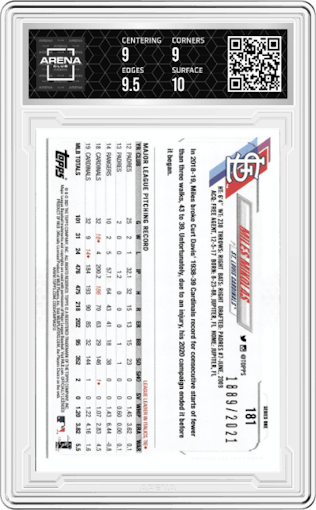 Miles Mikolas from the 2021 Topps  set featuring a Gold parallel graded by Arena Club and given an overall grade of 9.5.