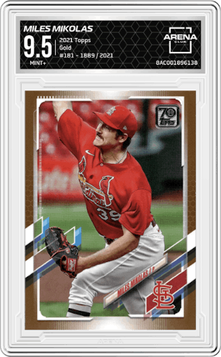 Miles Mikolas from the 2021 Topps  set featuring a Gold parallel graded by Arena Club and given an overall grade of 9.5.