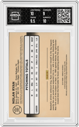 Nolan Ryan from the 2016 Donruss set featuring a Black Border parallel graded by Arena Club and given an overall grade of 9.5.