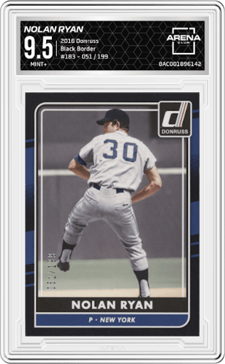 Nolan Ryan from the 2016 Donruss set featuring a Black Border parallel graded by Arena Club and given an overall grade of 9.5.