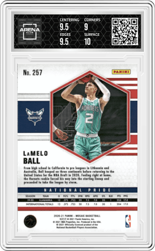 LaMelo Ball from the 2020-21 Panini Mosaic set graded by Arena Club and given an overall grade of 9.5.