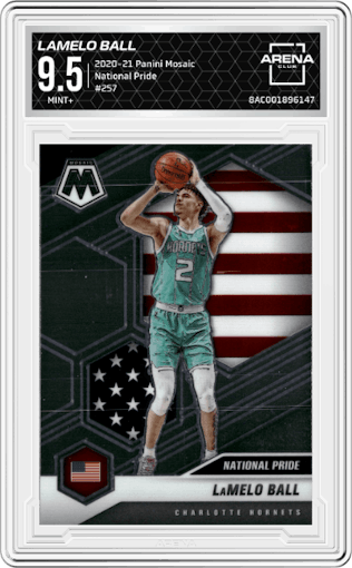 LaMelo Ball from the 2020-21 Panini Mosaic set graded by Arena Club and given an overall grade of 9.5.